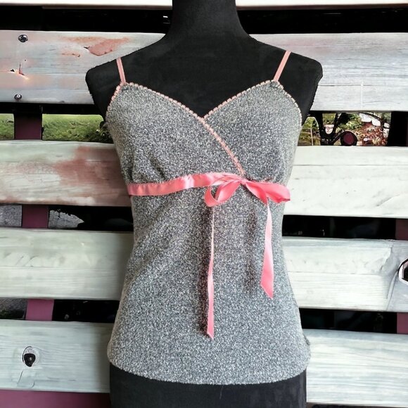Y2K VANITY Gray Tank with pink ribbon Size SMALL - Picture 1 of 6